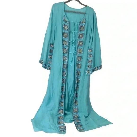 VINTAGE LINEN KAFTAN COVER UP WOMENS ML EMBELLISHED STONE LONG MAXI BOHO RESORT - Picture 1 of 16